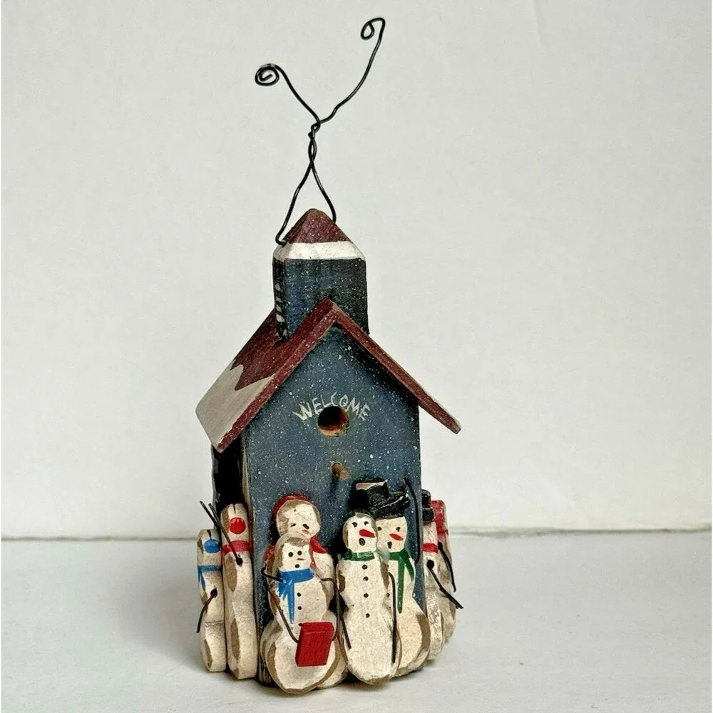 Vintage Christmas Ornament Snowman Family Church Painted Wood Primitive Country